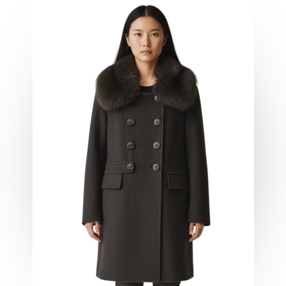 1 Madison Penny Lane Luxe Coat M Genuine FOX FUR Collar Double Breasted Belted